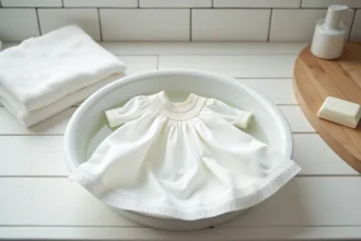 Robe bébé baptême en dentelle blanche posée à plat pour être lavée à la main dans un bassin en céramique avec du savon doux