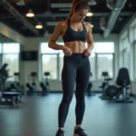 Femme en legging mal ajusté qui se tire vers le bas pendant une séance de sport en salle, illustrant les erreurs de tenue de sport féminine