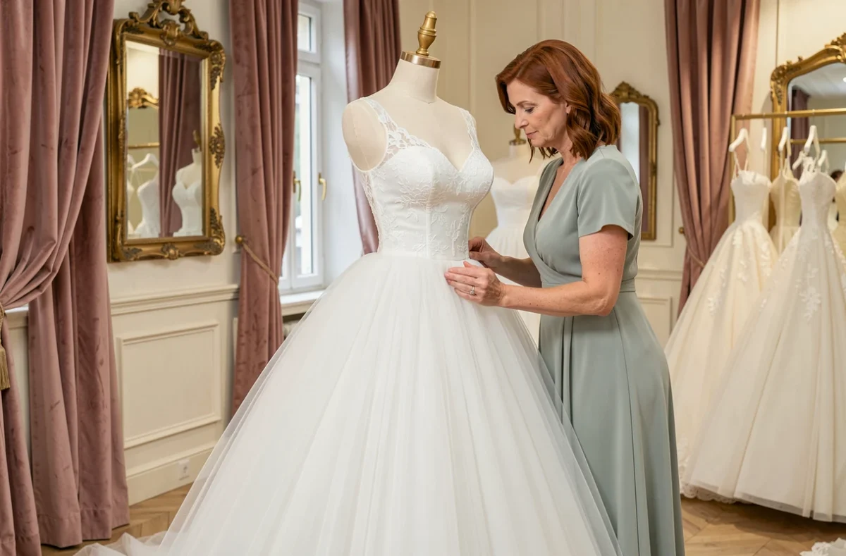 Créatrice des Roses de Louise ajustant une robe de mariée en tulle dans une boutique de Toulouse