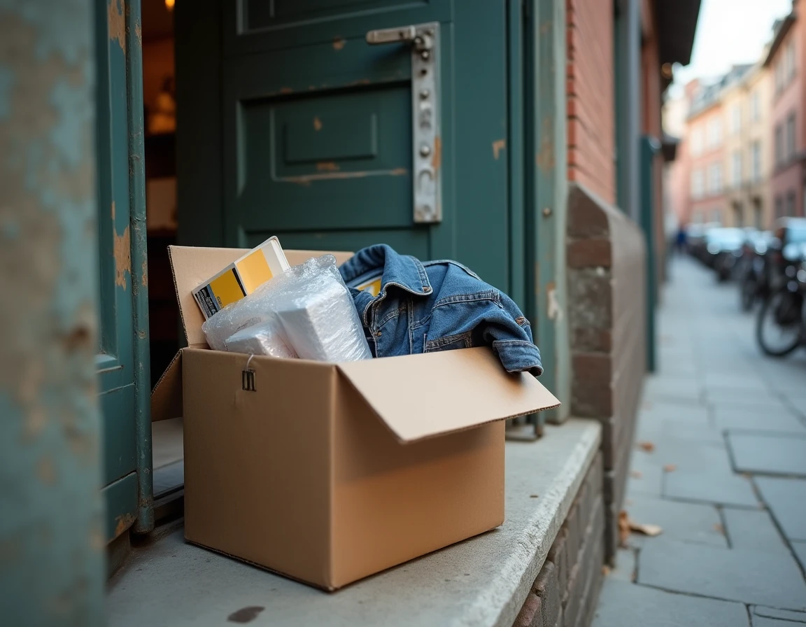 Colis de livraison contenant des articles d'occasion reçu devant une porte d'appartement, illustrant un achat réussi sur une plateforme comme Seelpy