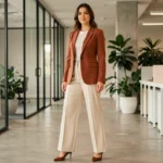 Femme en blazer terracotta et pantalon large crème dans un bureau moderne vitré, look mode professionnel 2026
