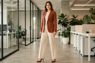 Femme en blazer terracotta et pantalon large crème dans un bureau moderne vitré, look mode professionnel 2026