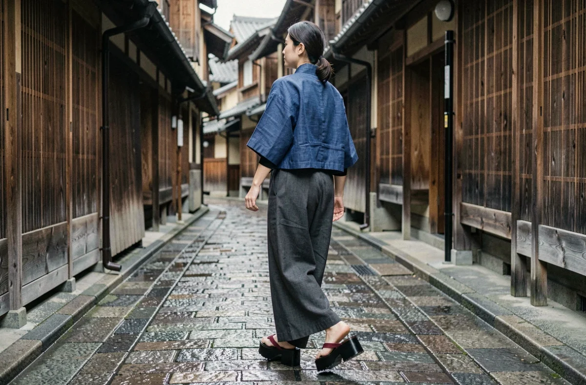 Femme en tenue japonaise moderne avec haori indigo et sandales geta plateformes dans une ruelle de Kyoto