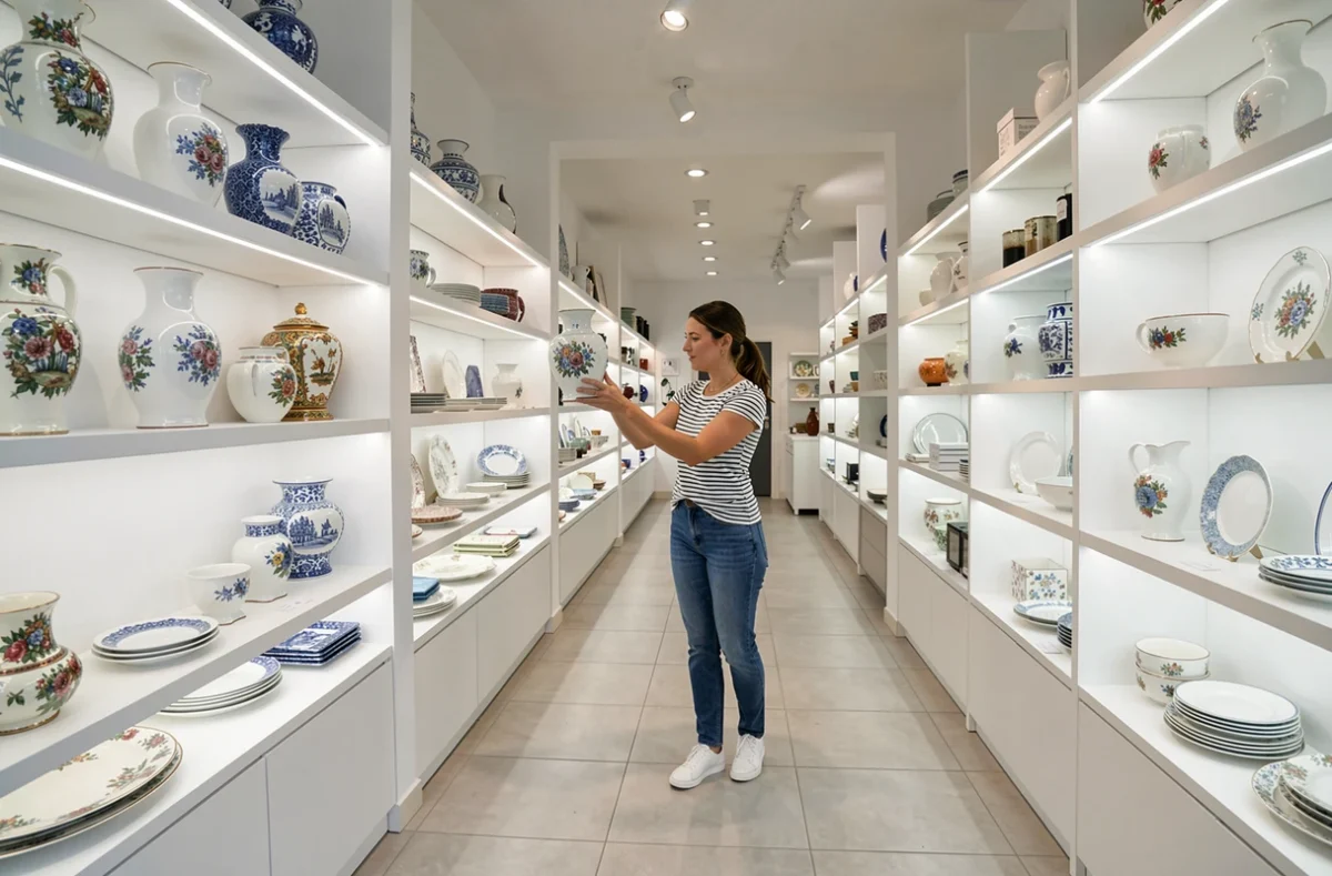 Femme découvrant les pièces en porcelaine de plusieurs marques dans l'espace Maison de la Porcelaine à Aixe-sur-Vienne