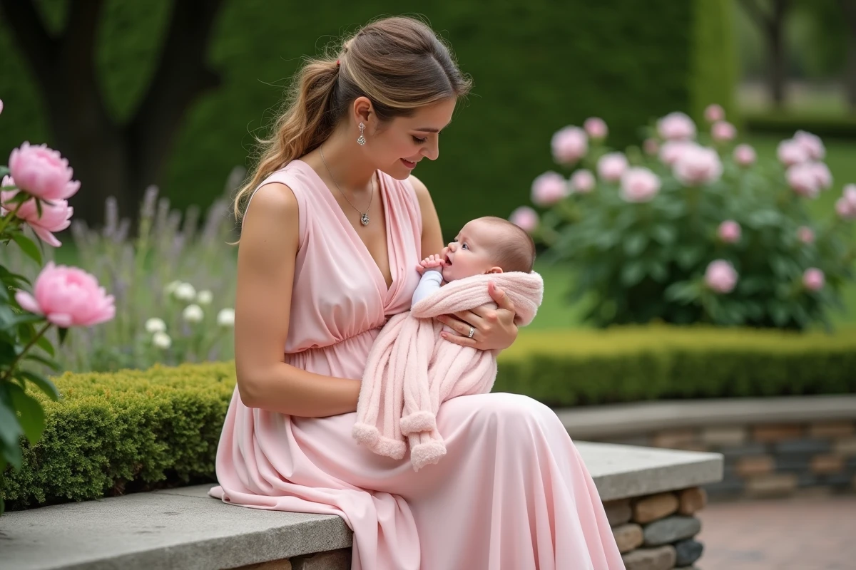 Maman en robe rose dans un jardin lors d