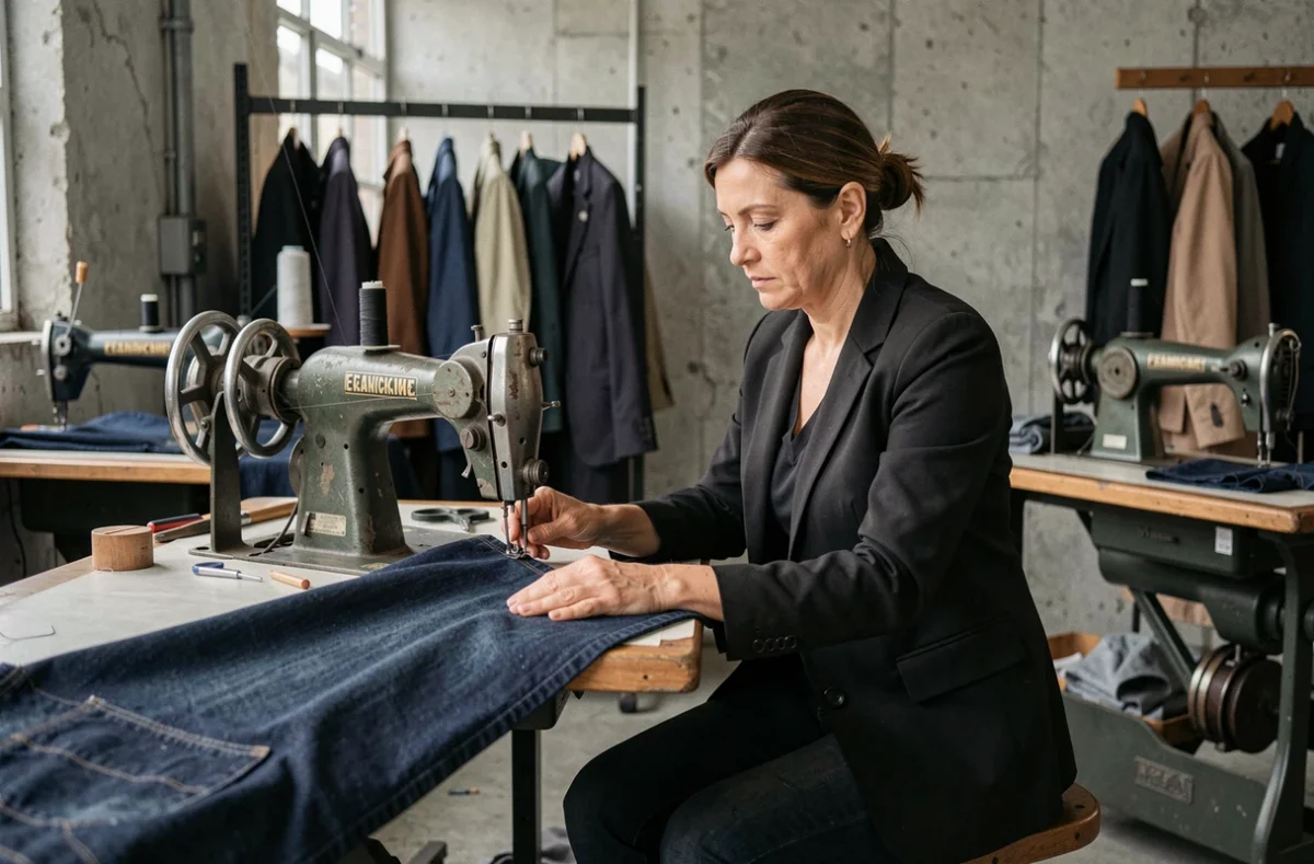 Couturière de l'atelier MANGAS travaillant sur machine industrielle avec du tissu denim épais