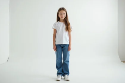 Jeune mannequin adolescente en pose neutre dans un studio photo professionnel pour une fiche de casting agence