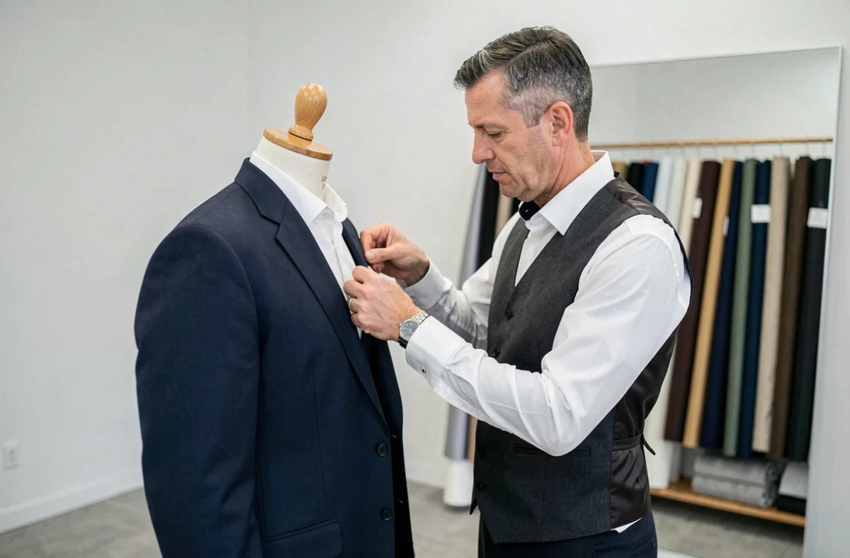 Tailleur de Mano's Toulouse épinglant avec précision un costume sur mesure sur un mannequin