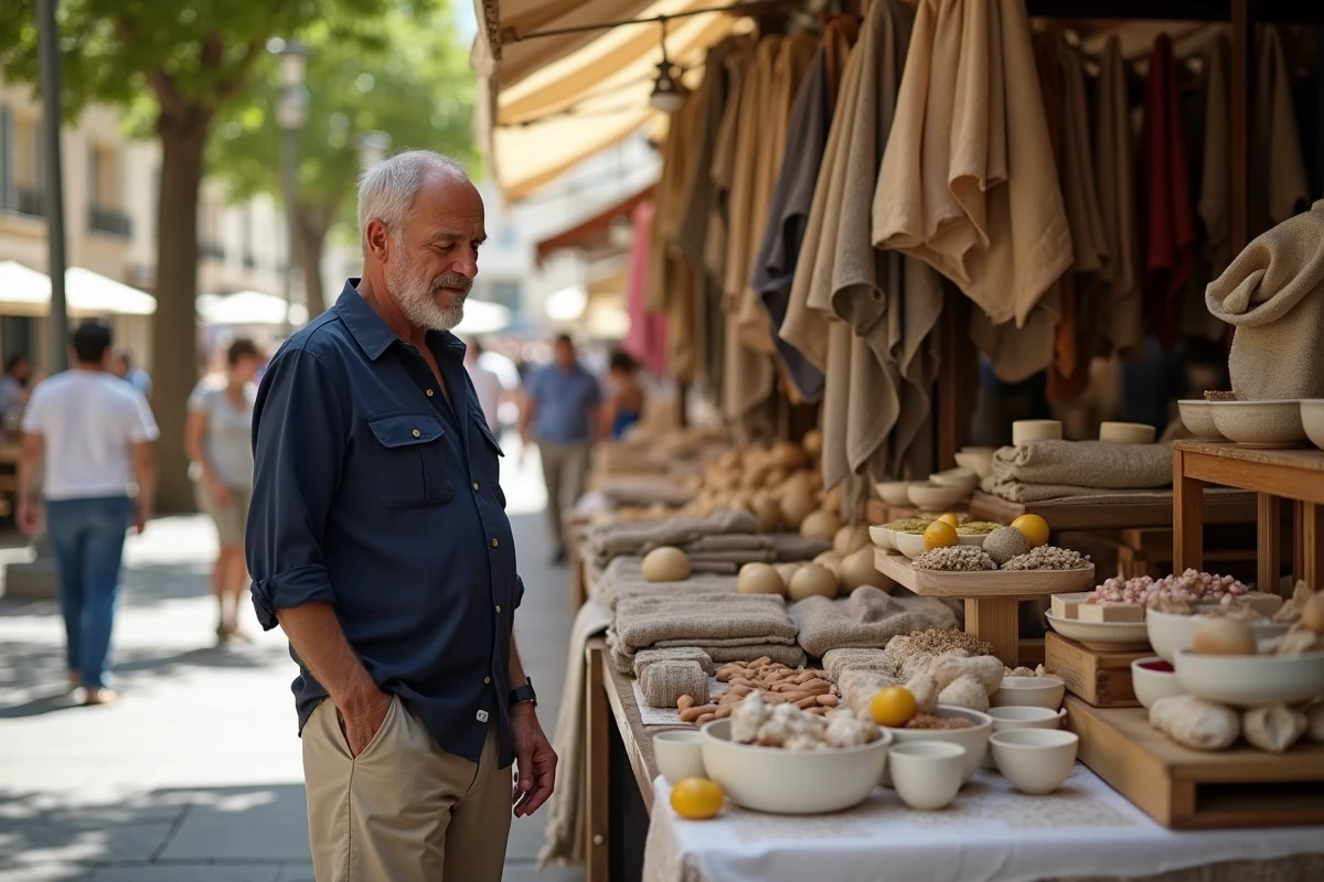 Homme parcourant les étals d'un marché provençal en plein air au cœur de Marseille