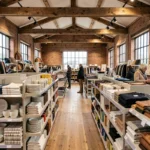 Vue d'ensemble d'un magasin d'usine en Nouvelle-Aquitaine avec produits régionaux exposés sur des étagères