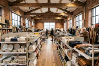 Vue d'ensemble d'un magasin d'usine en Nouvelle-Aquitaine avec produits régionaux exposés sur des étagères