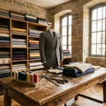 Intérieur d'un atelier de tailleur sur mesure en Haute-Garonne avec mannequin habillé et tissu de qualité