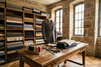 Intérieur d'un atelier de tailleur sur mesure en Haute-Garonne avec mannequin habillé et tissu de qualité
