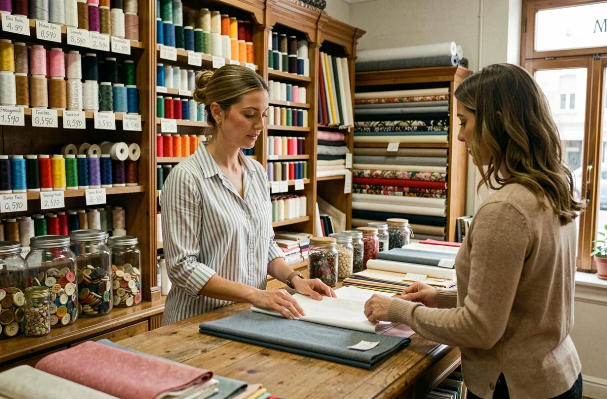 Mercière conseillant une cliente entourée de fils colorés et de tissus dans la mercerie À Tout Fil