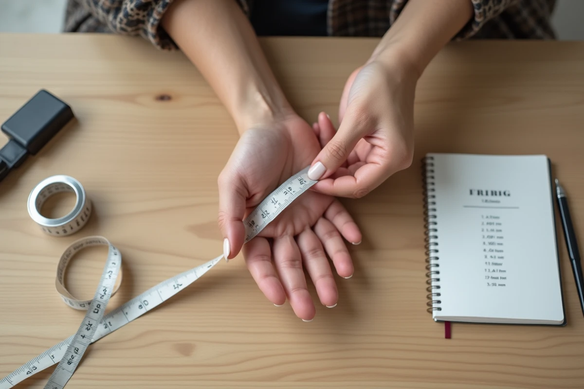 Mesure du tour de doigt avec une jauge en papier pour trouver la taille d'une chevalière femme