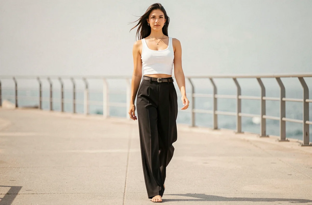 Femme en pantalon taille haute et crop top blanc marchant sur une promenade côtière ensoleillée avec silhouette élancée
