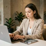 Jeune influenceuse professionnelle travaillant sur ordinateur portable dans un espace de co-working moderne, illustrant la nouvelle génération de créatrices de contenu