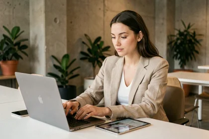 Jeune influenceuse professionnelle travaillant sur ordinateur portable dans un espace de co-working moderne, illustrant la nouvelle génération de créatrices de contenu