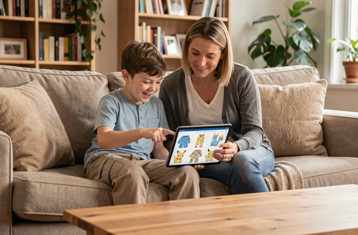 Mère et fils choisissant ensemble un pyjama Pokémon sur une tablette dans le salon familial