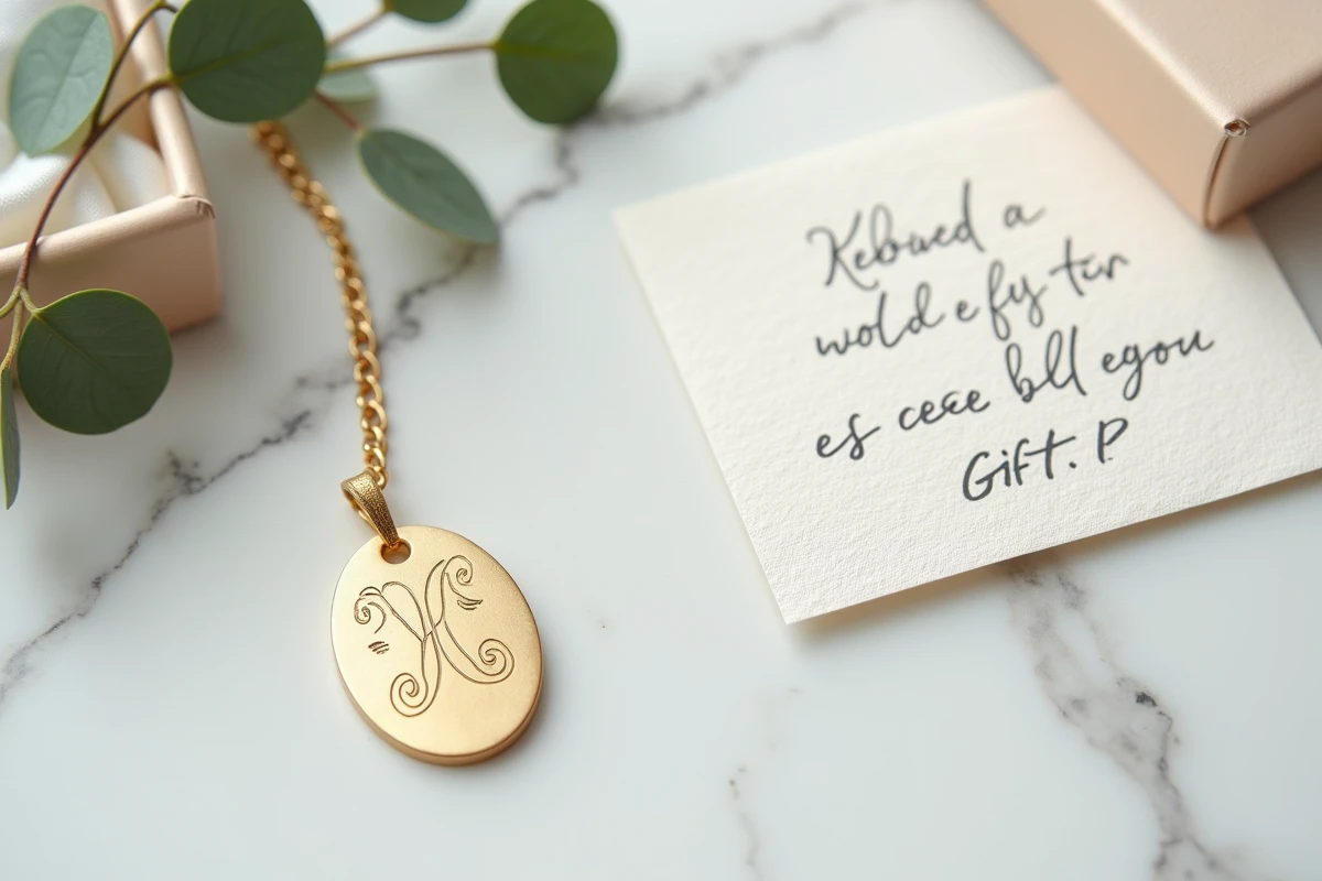 Pendentif à graver en or sur marbre blanc avec boîte cadeau en satin ivoire et carte manuscrite, présentation bijou élégante