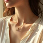 Femme portant un pendentif à graver en or sur un chemisier en lin crème, gros plan sur le bijou gravé