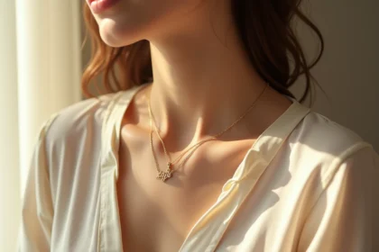 Femme portant un pendentif à graver en or sur un chemisier en lin crème, gros plan sur le bijou gravé