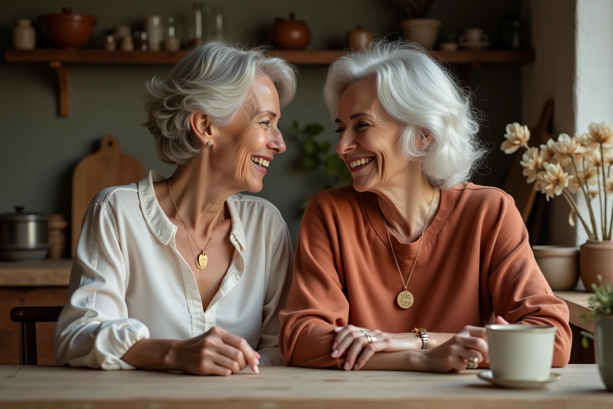 Mère et fille portant des pendentifs en or gravés assortis autour d'une table en bois, moment de partage intergénérationnel