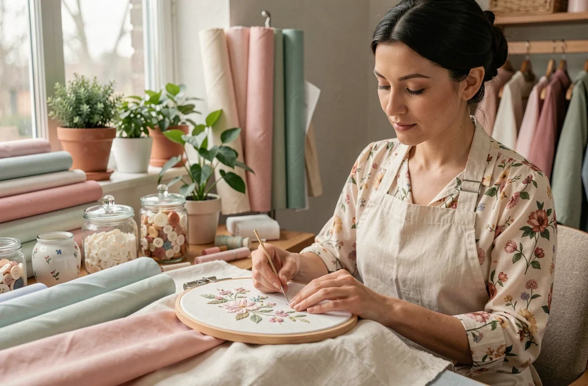 Couturière de Perle Couture brodant à la main un tissu de soie délicat dans un atelier coloré