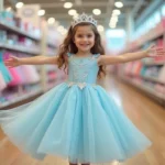 Petite fille en robe de princesse bleue devant un rayon de déguisements dans un magasin de jouets