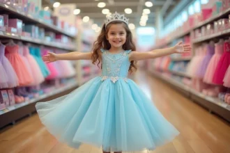 Petite fille en robe de princesse bleue devant un rayon de déguisements dans un magasin de jouets