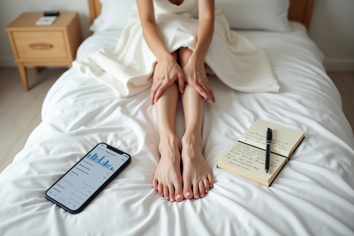 Pieds féminins soignés sur un drap blanc avec smartphone affichant des revenus et un carnet de notes pour illustrer la vente de photos de pieds