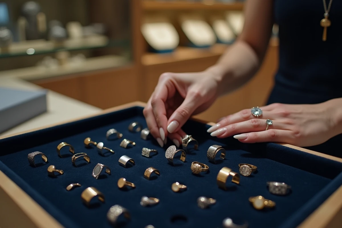 Plateau de chevalières femme en argent et or dans une bijouterie pour comparer les tailles