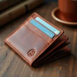 Portefeuille en cuir cognac RFID ouvert sur un bureau en bois avec carte de crédit insérée et monogramme personnalisé