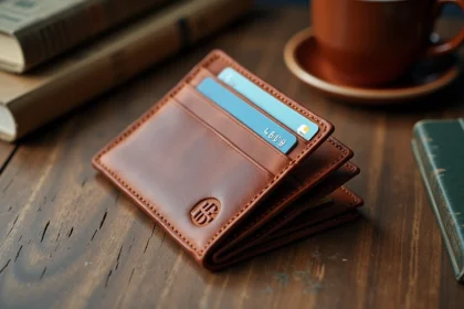 Portefeuille en cuir cognac RFID ouvert sur un bureau en bois avec carte de crédit insérée et monogramme personnalisé