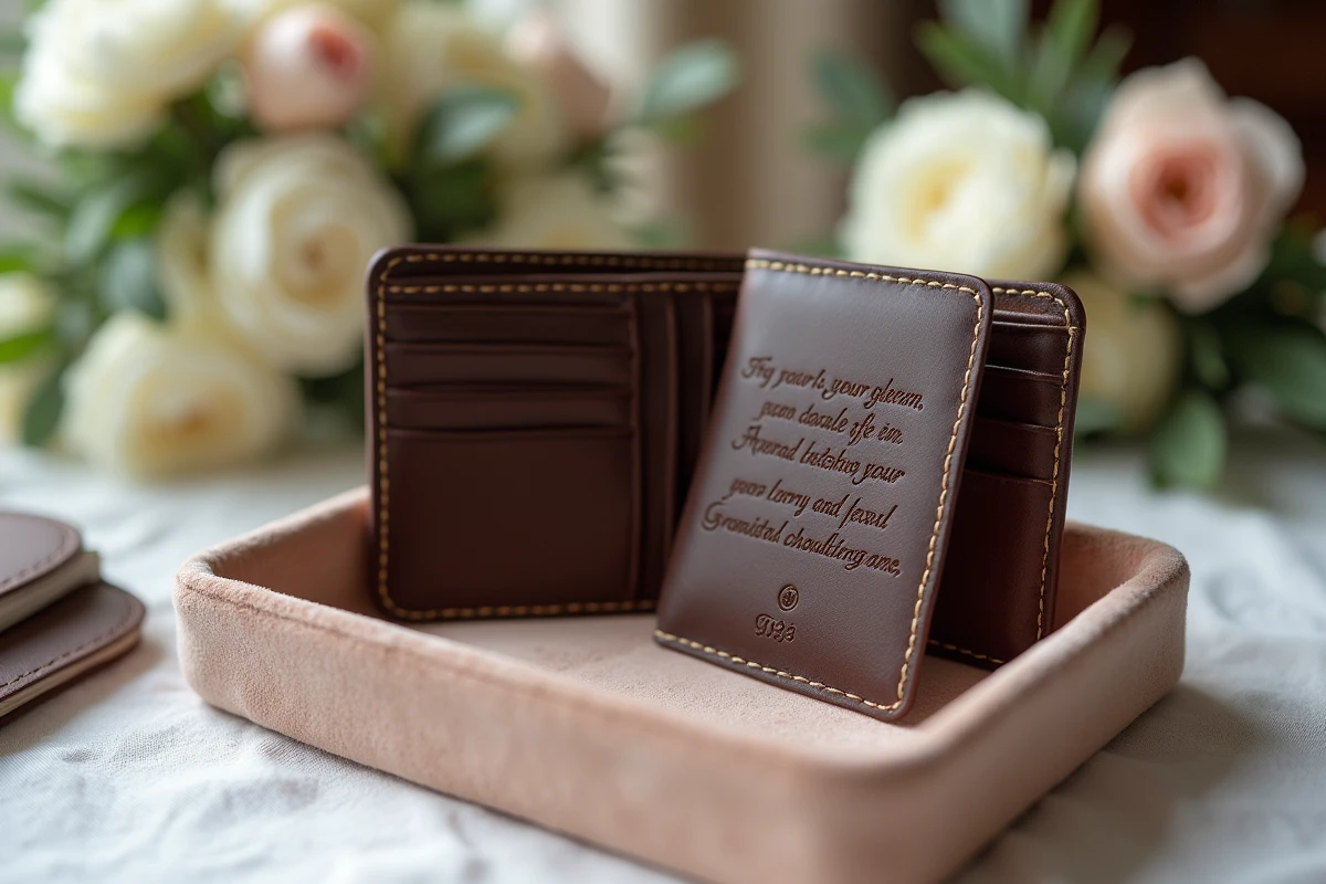 Portefeuille en cuir chocolat ouvert avec gravure personnalisée dédicace mariage posé sur plateau velours entouré de pivoines blanches