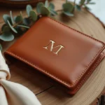 Portefeuille en cuir cognac personnalisé avec initiales dorées, cadeau témoin de mariage posé sur table en bois avec carte manuscrite et eucalyptus