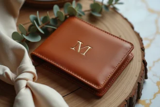 Portefeuille en cuir cognac personnalisé avec initiales dorées, cadeau témoin de mariage posé sur table en bois avec carte manuscrite et eucalyptus