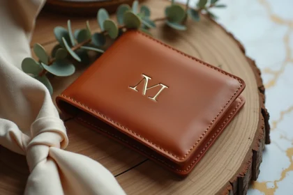Portefeuille en cuir cognac personnalisé avec initiales dorées, cadeau témoin de mariage posé sur table en bois avec carte manuscrite et eucalyptus