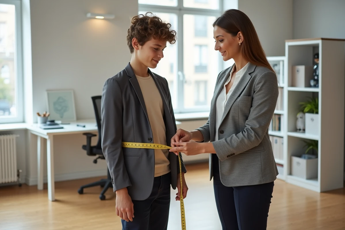 Agent de mannequinat prenant les mensurations d'un jeune adolescent dans une agence de mannequins professionnelle