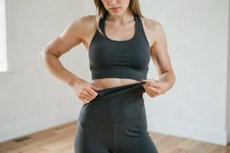 Femme examinant la qualité du tissu d'un legging de sport de marque Halara dans un appartement minimaliste