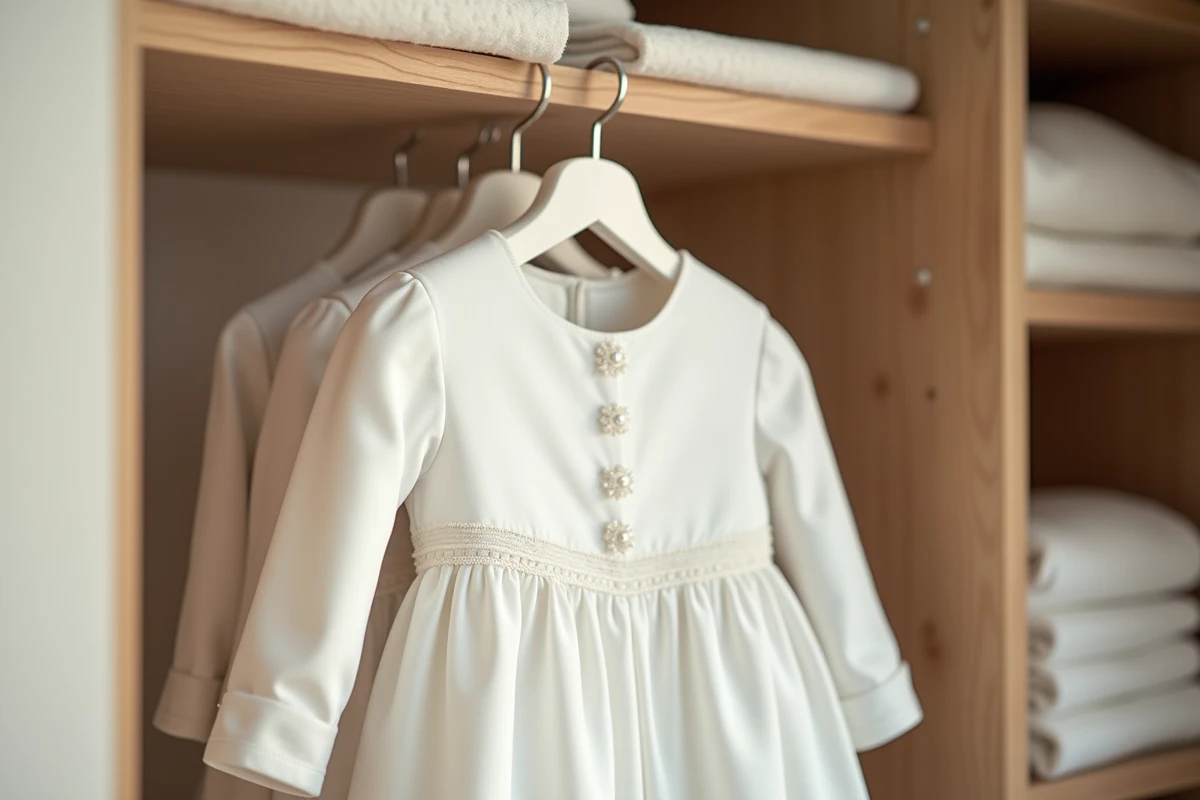 Robe de baptême bébé suspendue sur un cintre satiné dans un sac de conservation en coton respirant à l'intérieur d'une armoire en bois