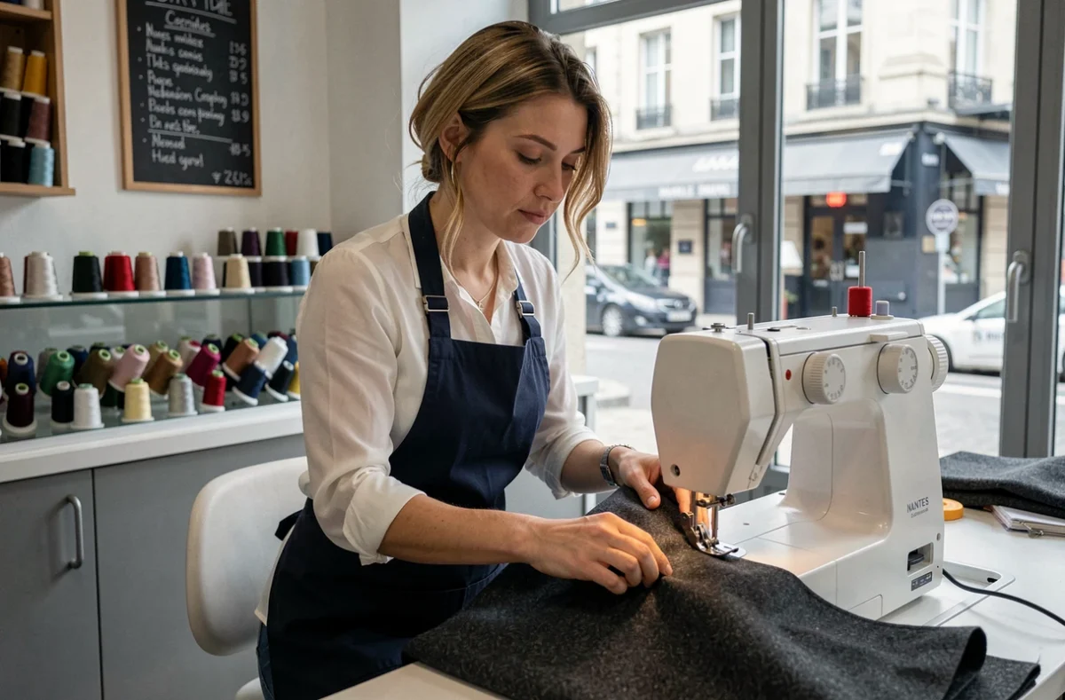 Couturière concentrée à sa machine à coudre dans l'atelier Rapid Couture au centre de Nantes