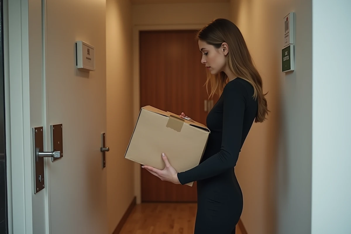 Femme recevant un colis dans un hall d appartement urbain