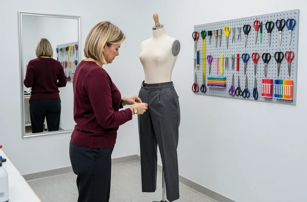 Retoucheuse épinglant un ourlet sur un mannequin dans l'atelier Retouches et Créations à Saint-Herblain