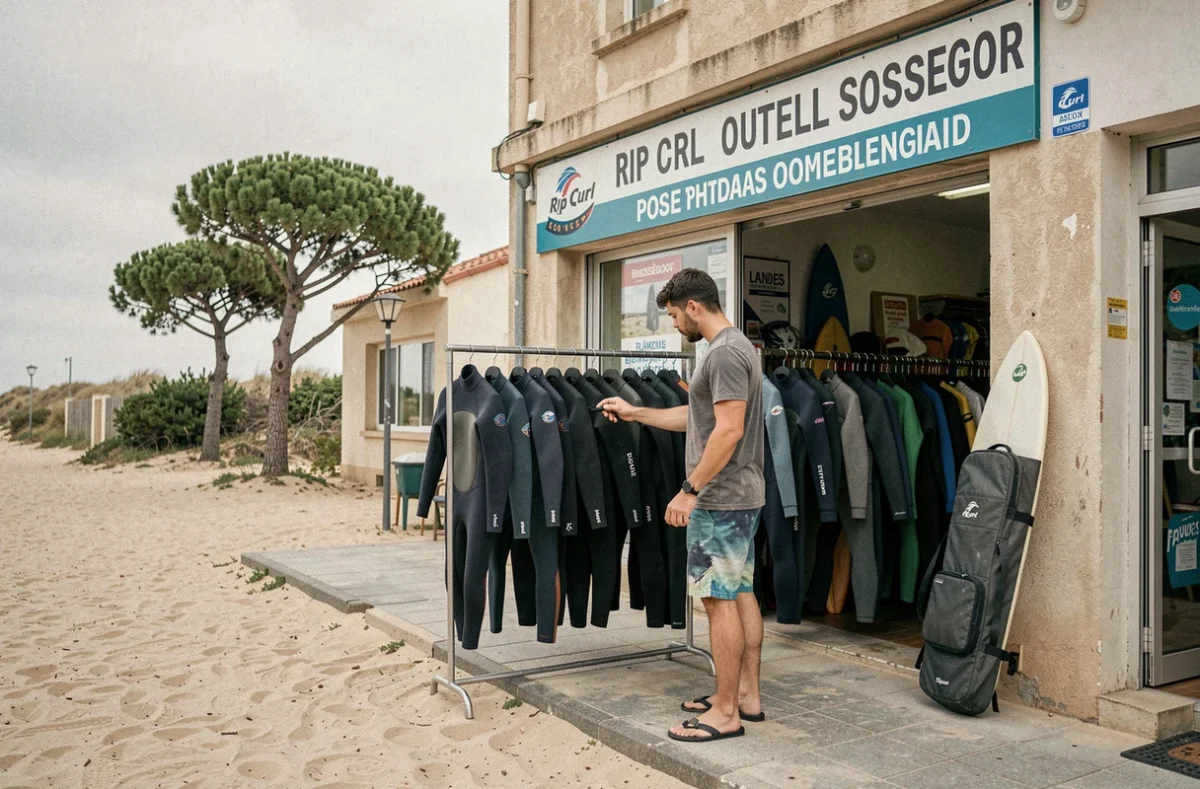 Jeune homme parcourant des combinaisons de surf en promotion devant le magasin outlet Rip Curl à Soorts-Hossegor