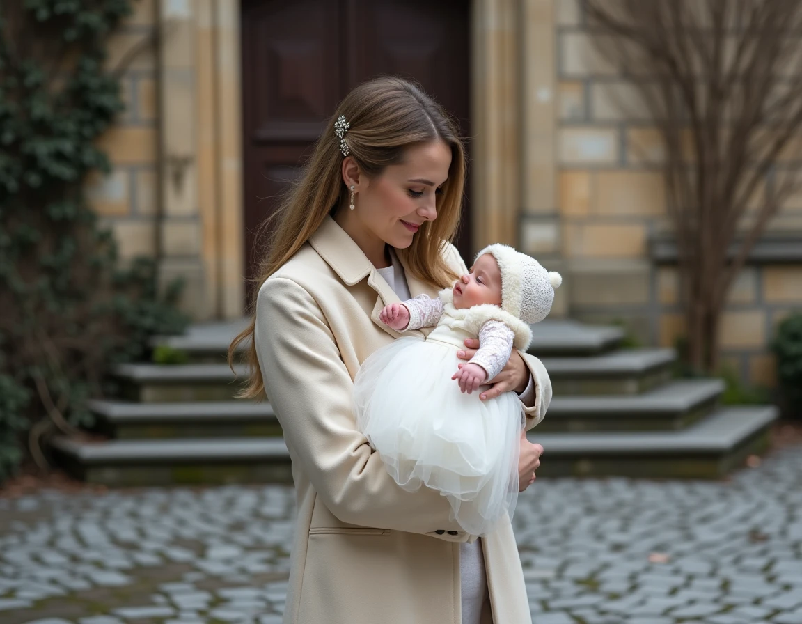 Mère tenant son bébé en robe de baptême blanche avec bonnet en fourrure et ruban velours, devant une église en pierre en hiver