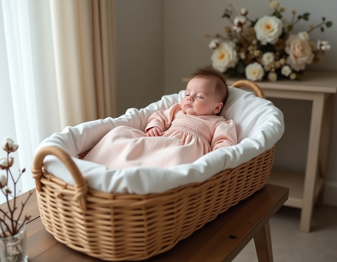 Bébé fille en robe de baptême rose pâle avec manches bouffantes et jupon en laine dans un berceau en osier décoré de roses blanches hivernales