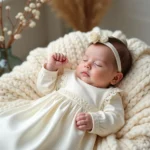 Robe de baptême hiver pour bébé fille en satin ivoire avec manches longues et dentelle, posée sur un plaid en laine crème dans un décor hivernal élégant