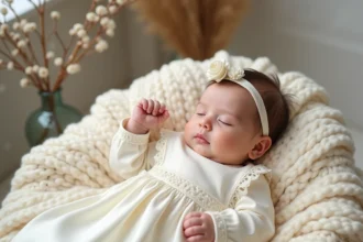 Robe de baptême hiver pour bébé fille en satin ivoire avec manches longues et dentelle, posée sur un plaid en laine crème dans un décor hivernal élégant