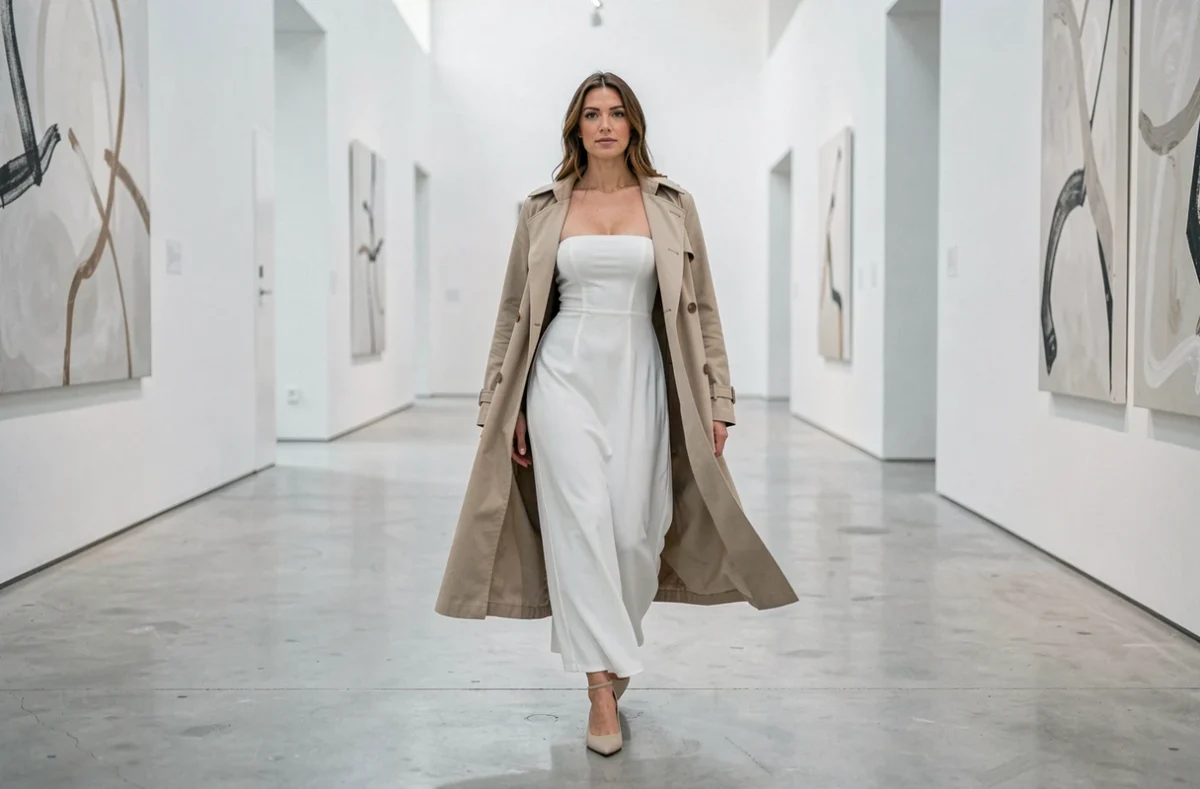Femme en robe bustier longue blanche portant un trench-coat beige oversize dans une galerie d'art moderne, silhouette allongée et contemporaine